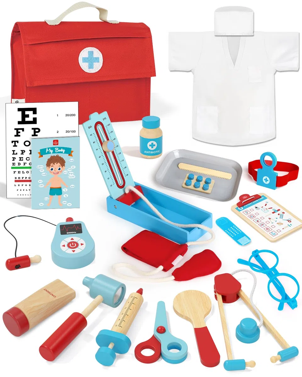 Lehoo Castle Malette Docteur Enfant, Jeux Enfant 3 Ans, Malette Docteur Bois, Déguisement Docteur Enfant, Docteur, Jouet Enfant 3 Ans, Kit de Médecin pour Tout-petits Garçons(Bleu)