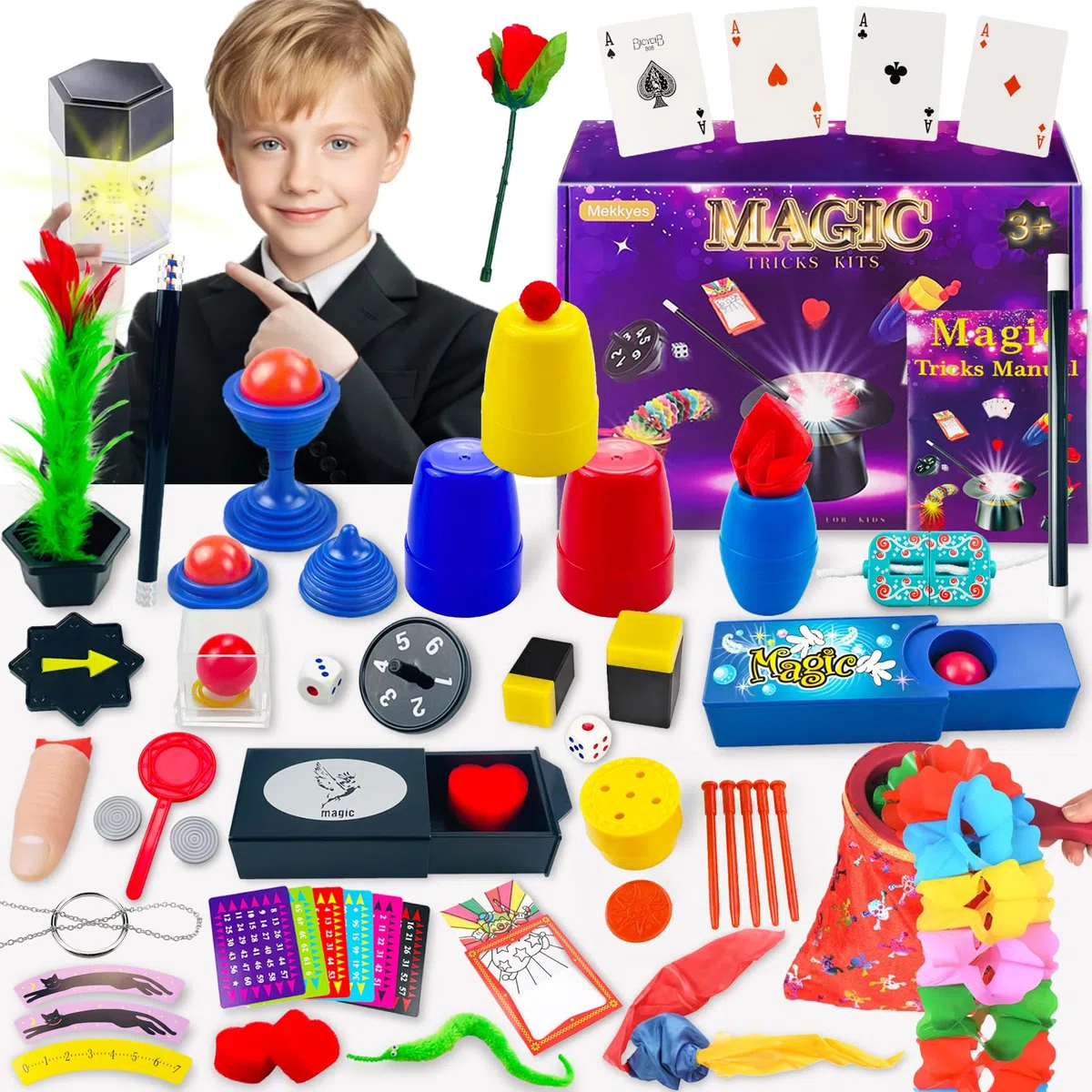 Kit de Magie - 80+ Coffret Magie Enfant avec Baguette Magique et Instructions, Incroyable Tour de Magie Jeux Enfant 3-12 Ans, Jouet Cadeaux pour Garçons Filles Tout-Petits Débutants