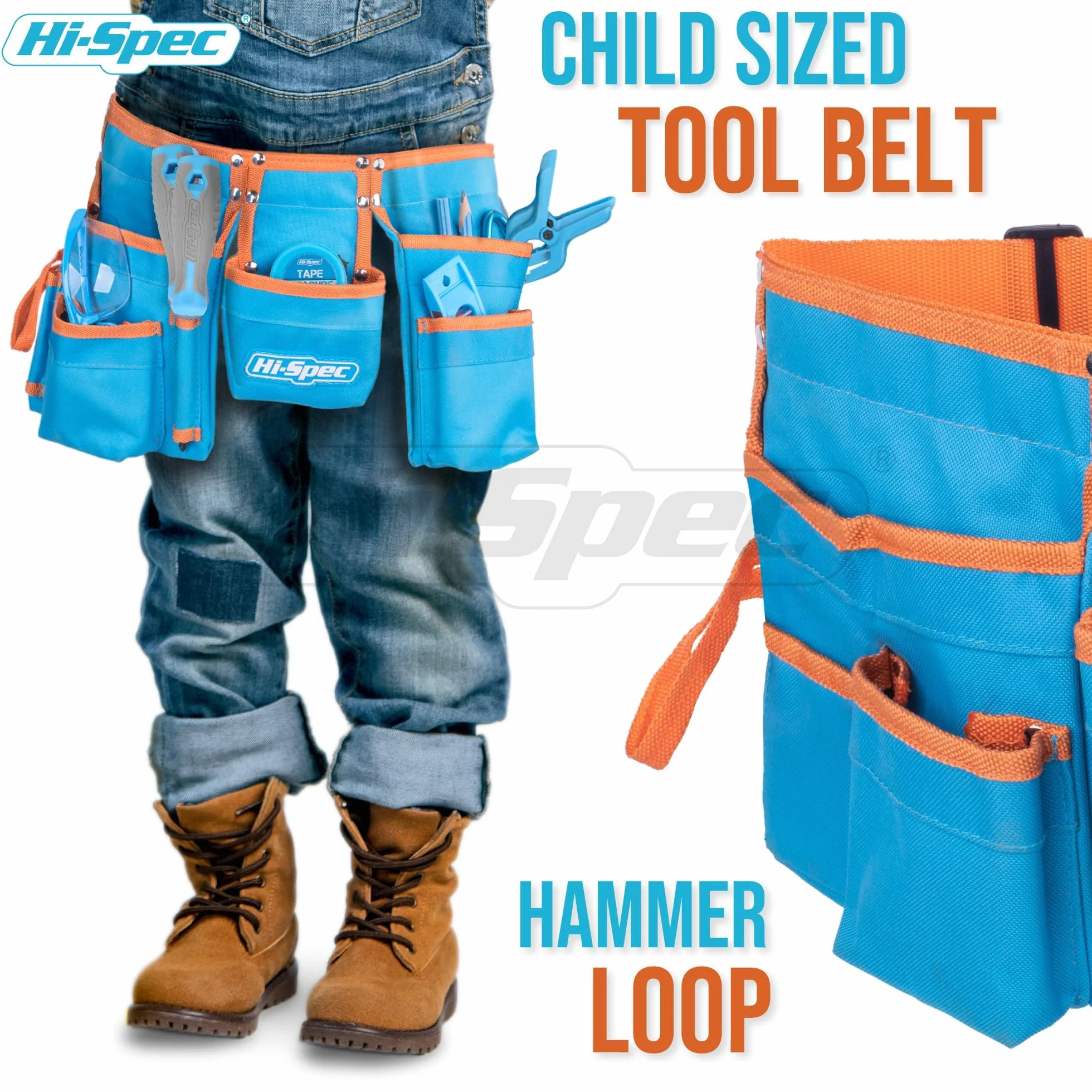Hi-Spec Ceinture à Outils Enfant avec Kit de 16 Pièces - Gants, Lunettes de Sécurité & Vrais Outils pour Bricolage et Établi - Ceinture Porte-Outils Ajustable, Pratique et Sûre pour Enfants