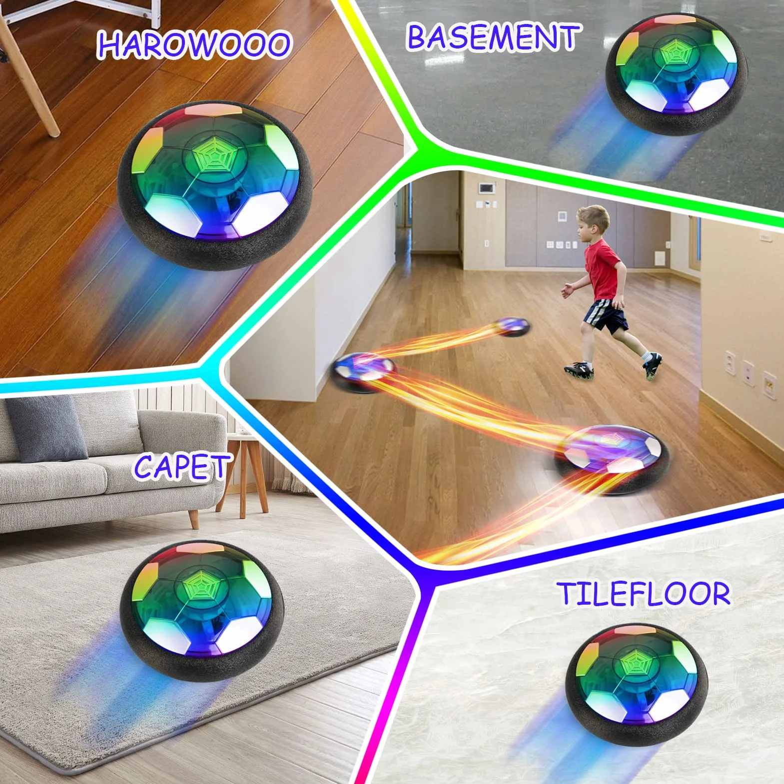 Jouet Enfant Ballon de Foot Rechargeable avec LED Lumière,Air Power Football Enfant Jouet Garçon 3 4 5 6 7 8 10 Ans,Hover Ball Cadeau Anniversaire Noël Aire de Jeu Intérieur Extérieur