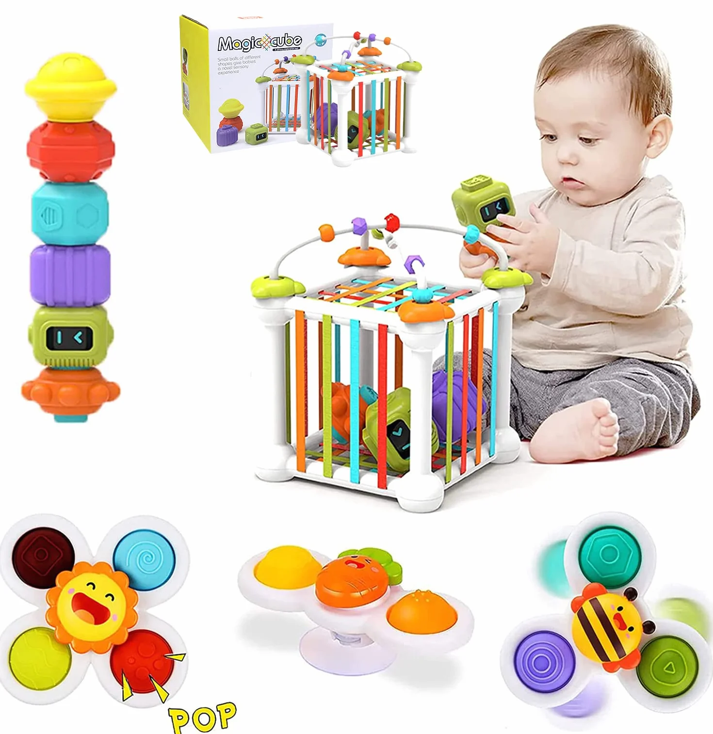 Jouets d'éveil Montessori Cubes pour Bébés 12PCS, Trieur de Formes, avec 3 Jouets à Spinner Ventouse et 6 Formes Multisensorielles et Labyrinthe de Perles, pour enfants 1-3 Ans