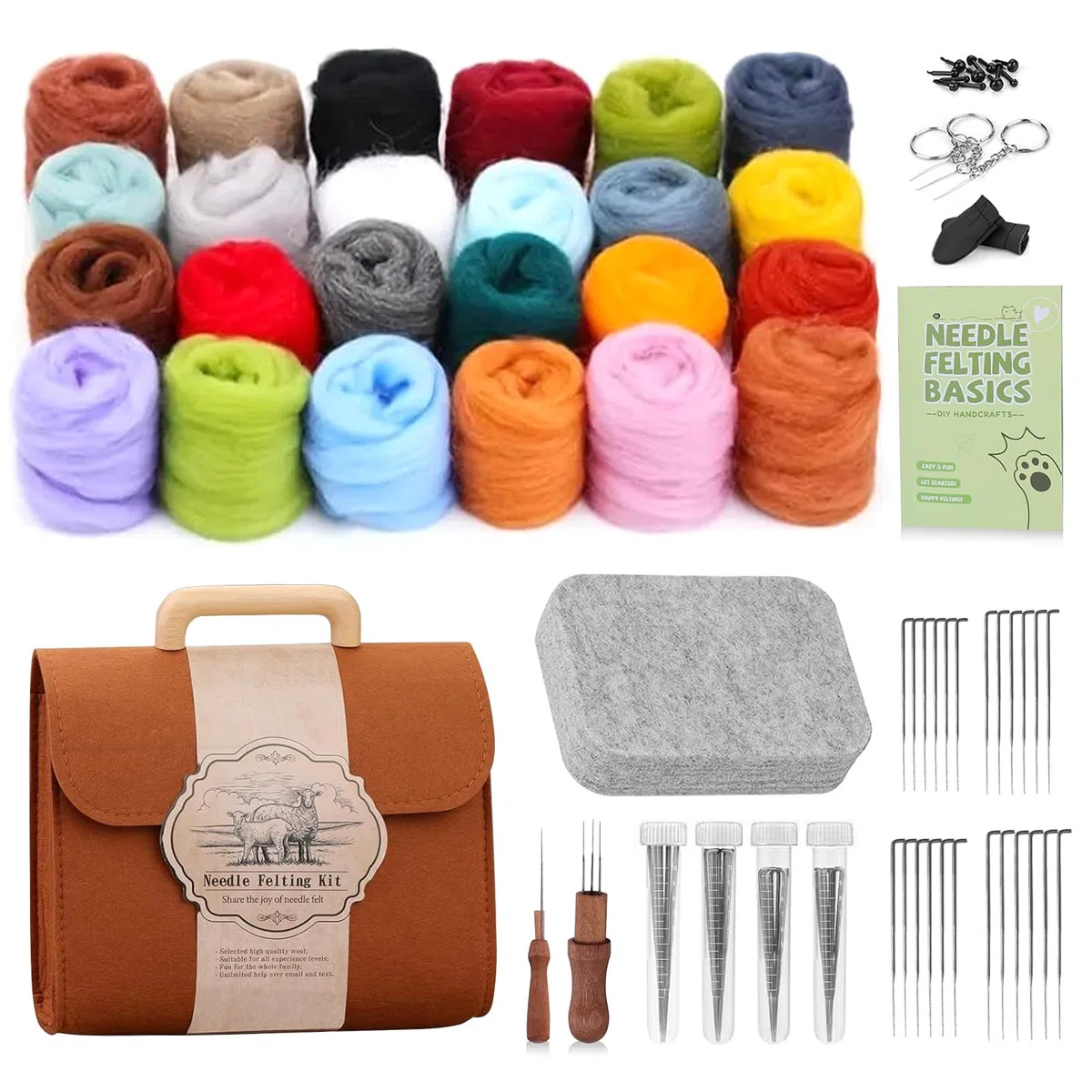 PORFOYO Kit de démarrage de feutrage à sec, 24 couleurs, kit de feutrage pour débutants, kit de feutrage à l'aiguille avec outils, instructions et rangement, kit complet de feutrage pour projets de