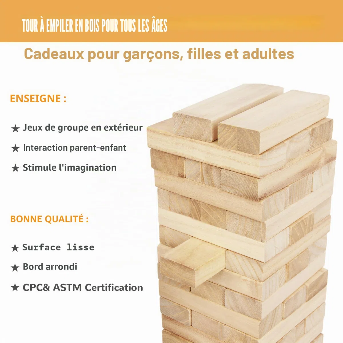 WOODENFUN Tour géante en bois empilable de 0,4 m à 1,2 m, jeux de tour géante, jouets pour enfants, adultes et familles (couleur bois)