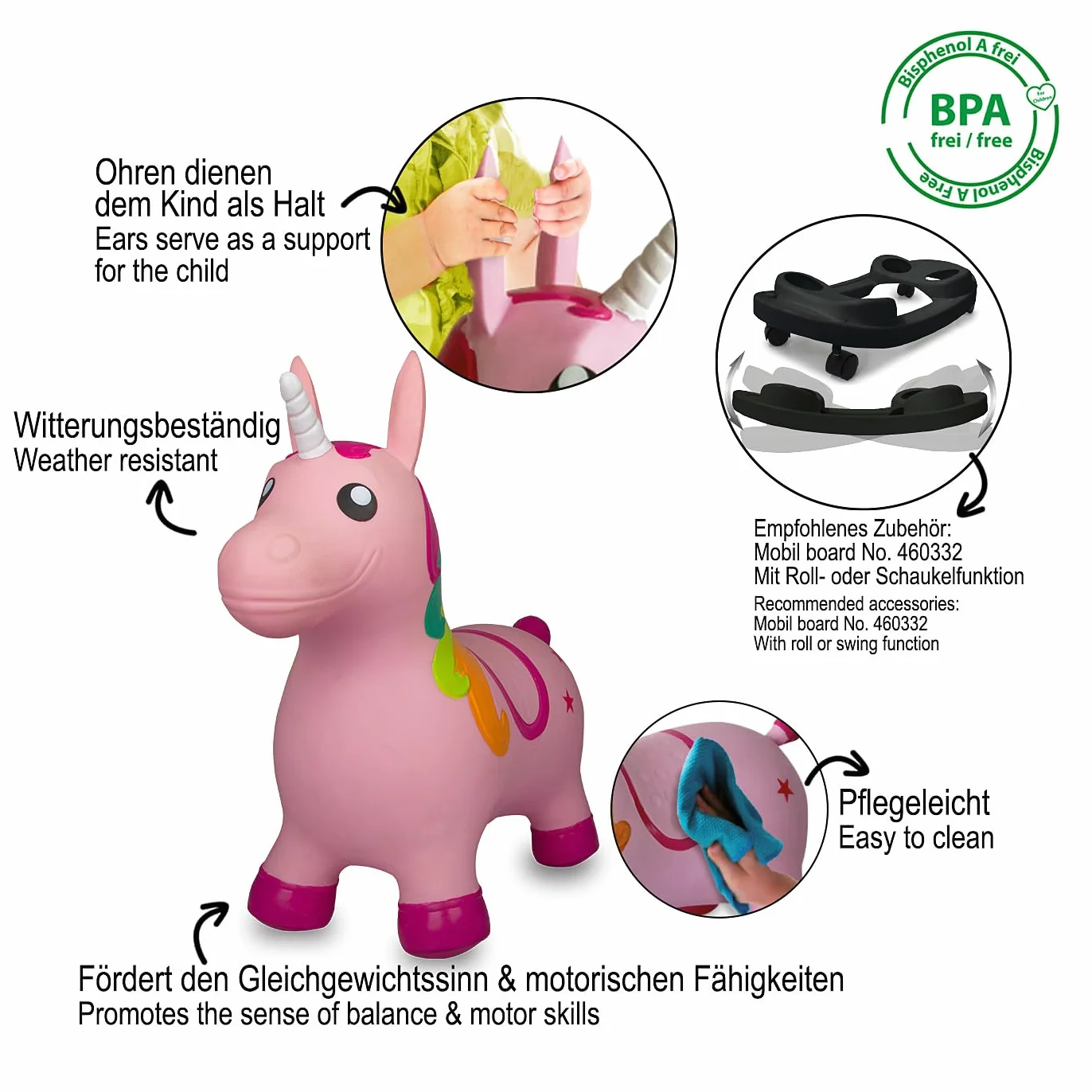 Jamara 460316 – Licorne Animaux à Sauter avec Pompe – Favorise Le Sens De L'équilibre, Oreilles d'animaux comme Support