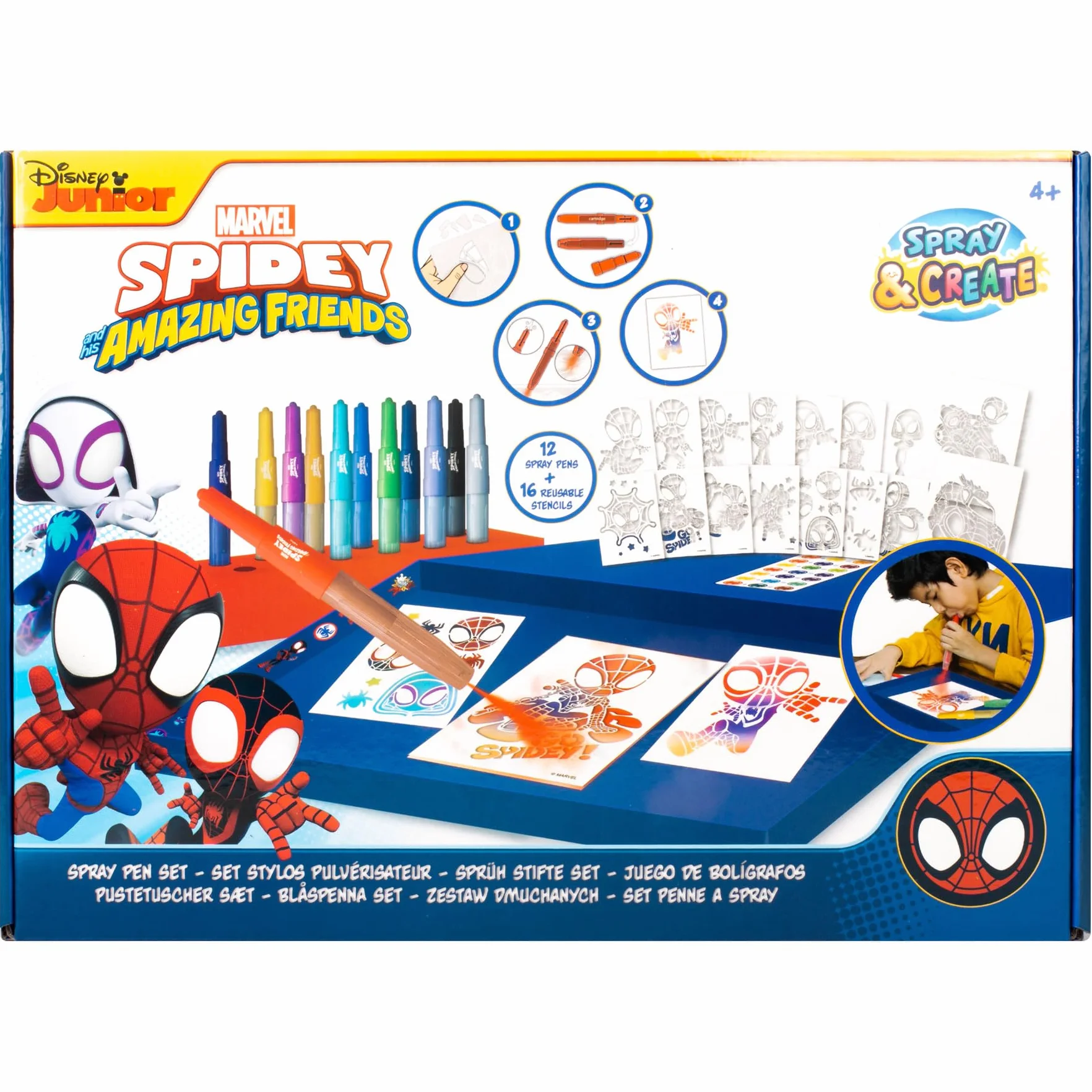 Disney - Marvel - Spidey - Spray Pen Set Deluxe (SP22368) - Kit de Stylos Pulvérisateurs pour Colorier et Dessiner - 12 Stylos et 16 Pochoirs pour Créer des Couleurs et des Dessins Uniques