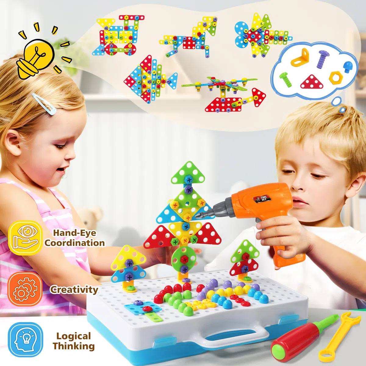 jerryvon Jouet Enfant 3 Ans - Puzzle Enfants 3 Ans Mosaique Enfant Jeux 3 4 5 Ans Etabli Bricolage Puzzle 3D Jeu Construction avec Perceuse Visseuse Jouet Montessori Jeu Cadeau Garcon Fille 3 4 5 Ans