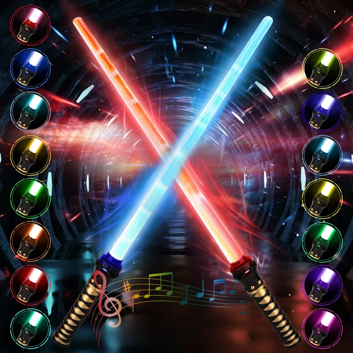 Sabre Laser, 2 Pièces 15 Couleurs Lightsaber avec Effets sonores FX, 2 en 1 Sabre Laser Lumineux, Jouets Sabre Laser pour Enfants, pour Halloween, Cosplay, Fêtes sur Samouraïs