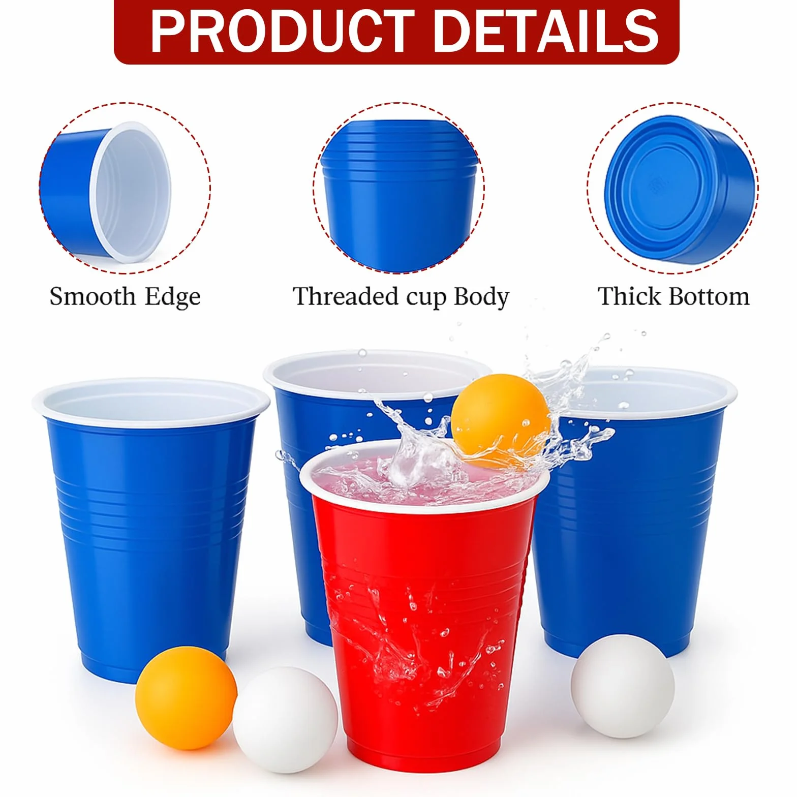 Gobelet Plastique Reutilisable, 100 Gobelets de Fête und 10 Balle Ping Pong, 500ml Verre Boisson pour Anniversaires, Fêtes, Mariages, Camping