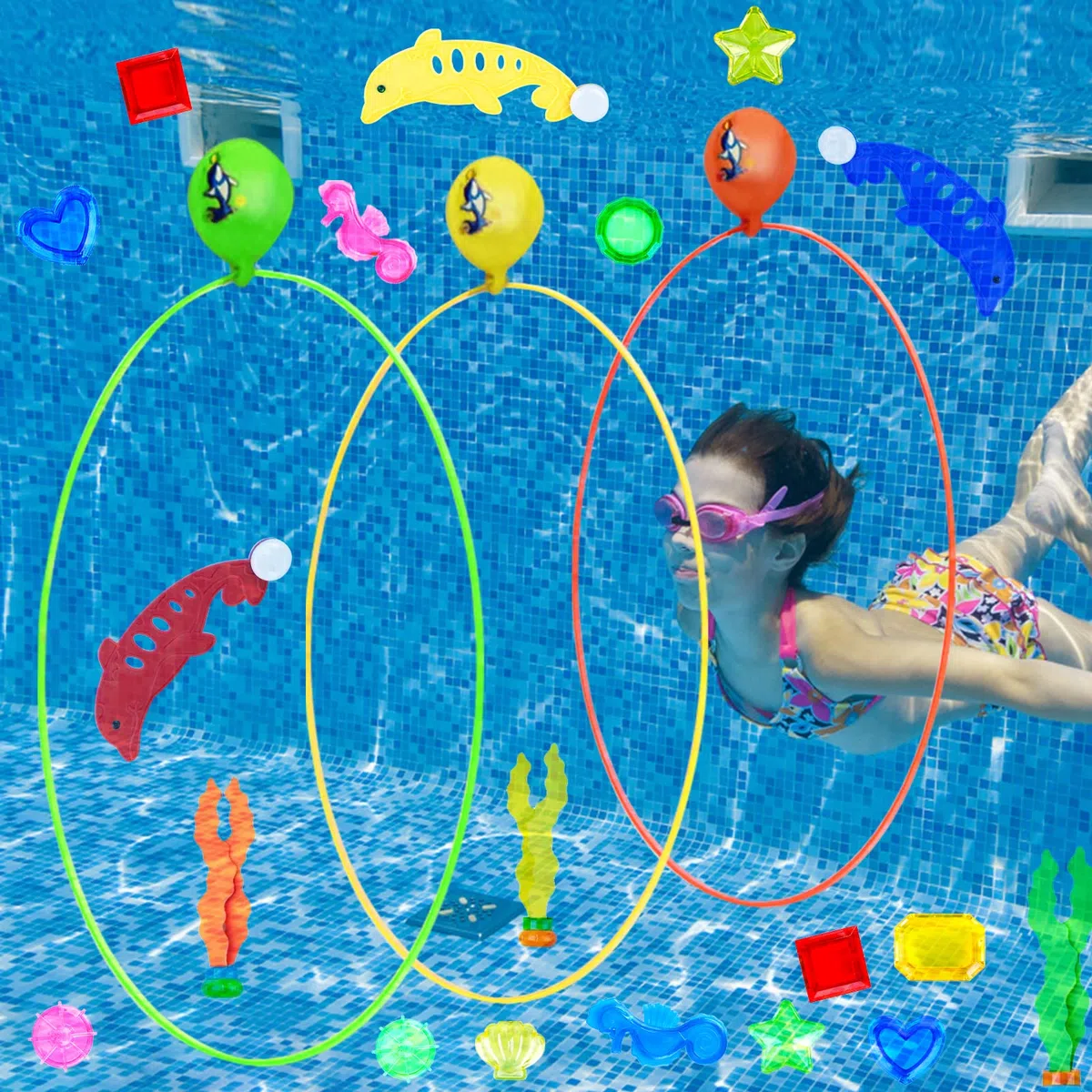 27pcs Jouets de Plongée,Jeux Piscine Enfant,Jouet sous Eau Été Jeux inclure 3 Anneaux de Plongée,Dauphin,Sac de Rangement,Algues,Jeu Piscine Cadeaux Garçon Fille 5-12 Ans Jeux sous Marins