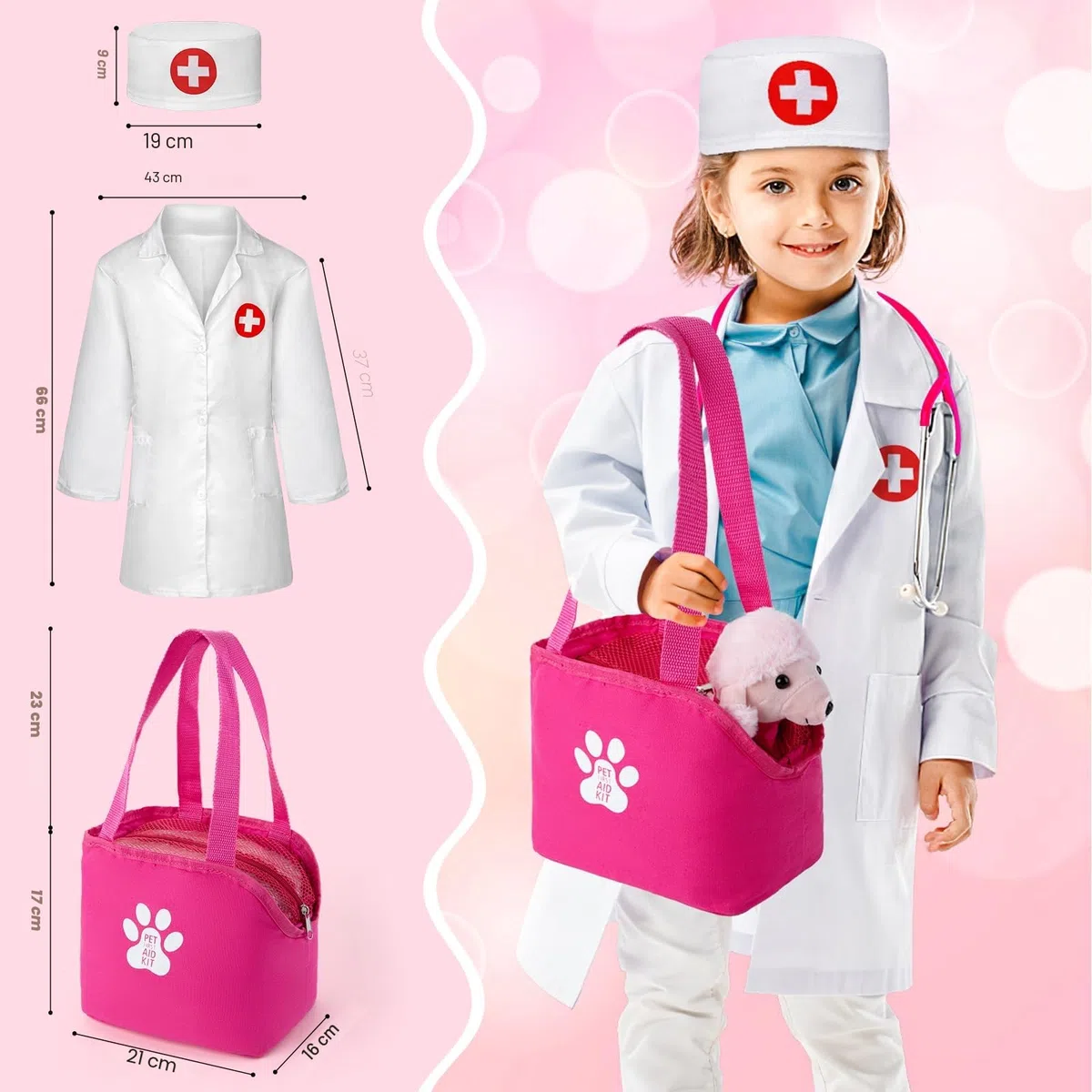 EFO SHM Mallette de médecin en Bois pour Enfants - Jouet vétérinaire - Mallette de Docteur avec Blouse de médecin - Véritable stéthoscope - Thermomètre - Vétérinaire - Jeu de rôle - Cadeau de 3 Ans