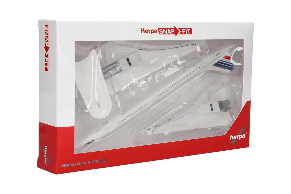 Herpa Maquette Avion Air France Concorde – F-BVFB, echelle 1/200, Snap-fit Model, pièce de Collection, d'avion avec Support, Figurine Plastique