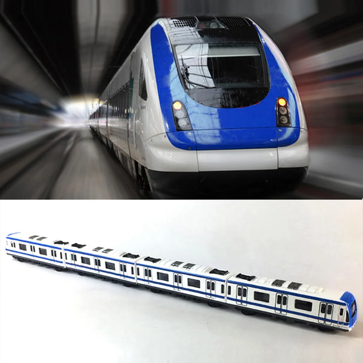 Modèle de Train, Ensemble de 4 pièces Alliage City Rail modèle de Train de métro, modèle de métro/Voiture en Alliage à l'échelle 1/64, Bleu et Blanc