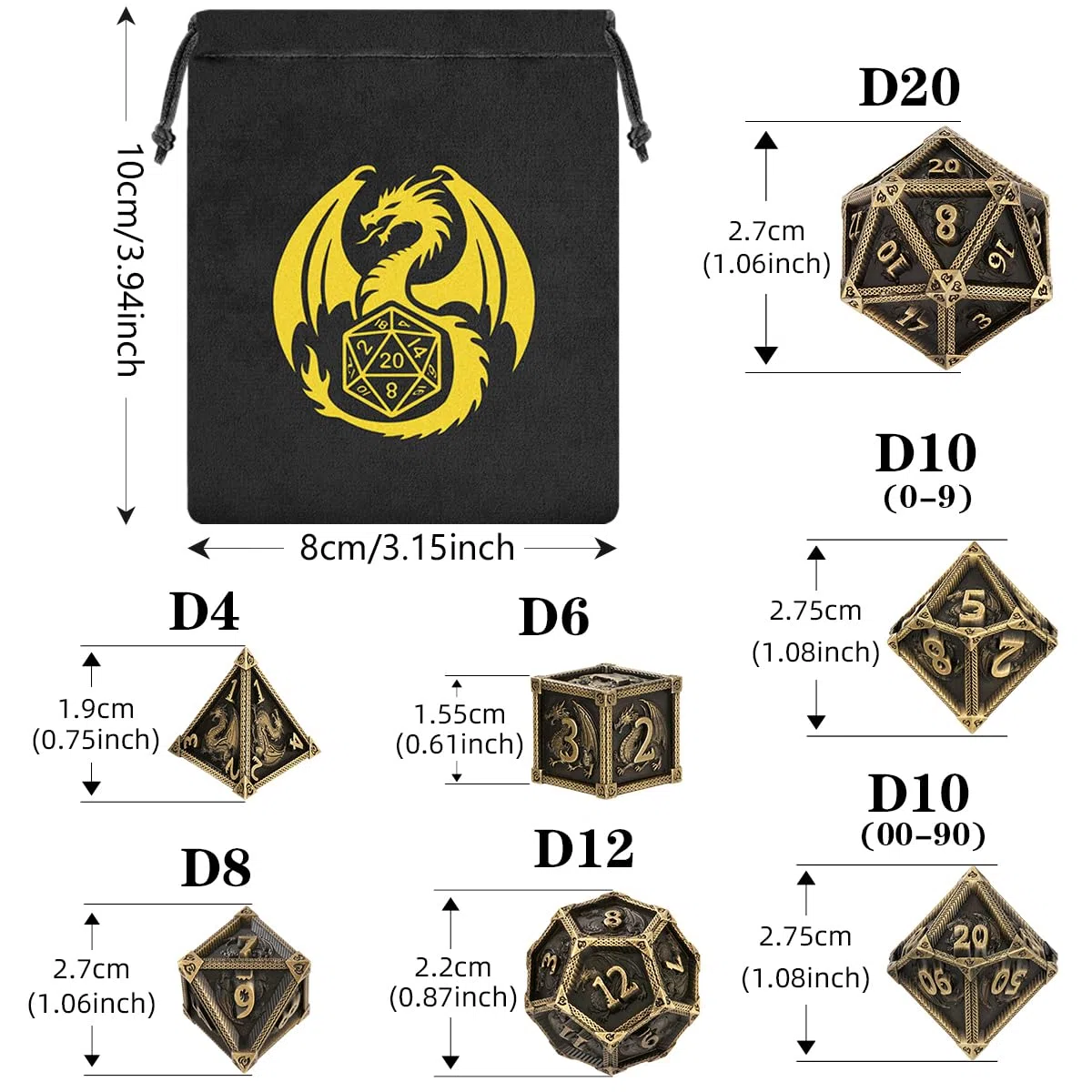 Lot de Dés en Métal DND, Motif de Dragon, 7 Dés Polyédriques en Métal, Accessoires pour Jeux de Rôle et Société, MTG, Cadeaux D&D avec Sac Cadeau, D20, D12, 2 D10 (00-90 et 0-9), D8, D6 et D4, Bronze