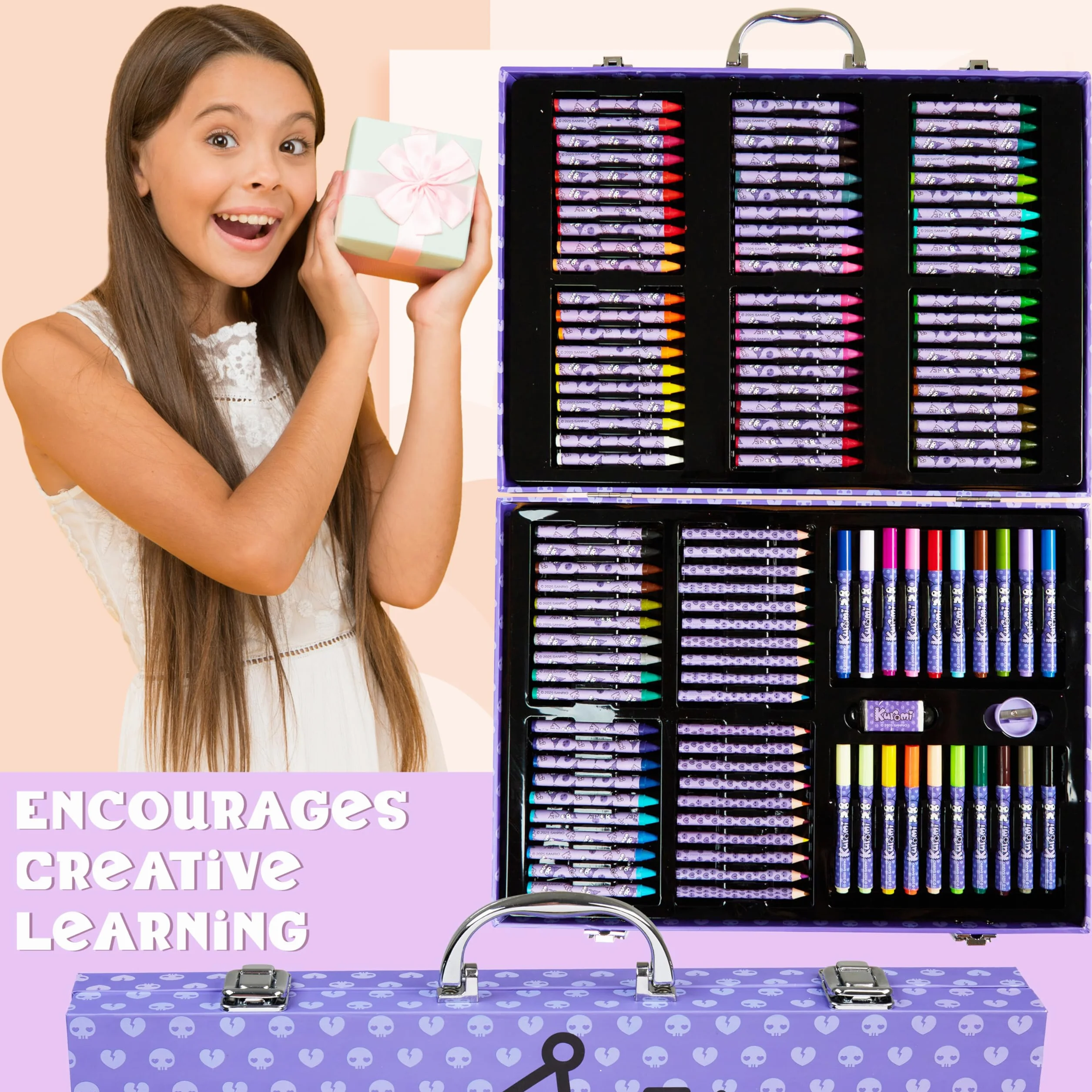 Hello Kitty Sanrio Kuromi Kit de Dessin Enfant, Kit Coloriage Crayons Feutres et Accessoires, Fournitures Kawaii d'Artist Mallette, Cadeau Fille (Violet Kuromi)