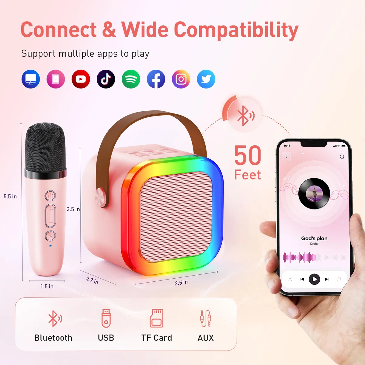 Ankuka Micro Karaoke Enfants avec 2 Micro sans Fil, Jouet Fille Karaoké 3-12 Ans Micro Enfant, Karaoké Bluetooth Portable avec Changement de Voix Magique et Lumière LED. (Rose)