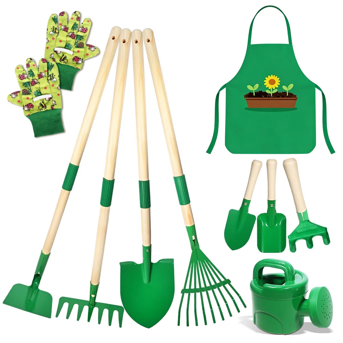 Outils Jardinage Enfant, 10 Kit Jardin Métal avec Pelle, Râteau, Fourche, Gants de Travail, Tablier, Arrosoir, Ensemble Complet de Jardinage pour Enfants, Jardin Extérieur, Cour, Pelouse (A)