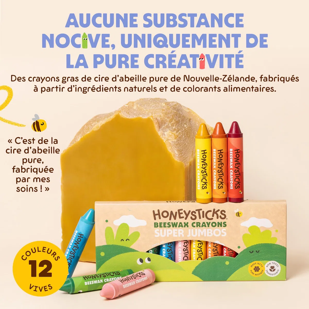 Honeysticks crayons super jumbo (12 unités) - 100% cire d'abeille, couleurs alimentaires, non toxiques, incassables, extra grands, faciles à tenir, écologiques, 1-3 ans