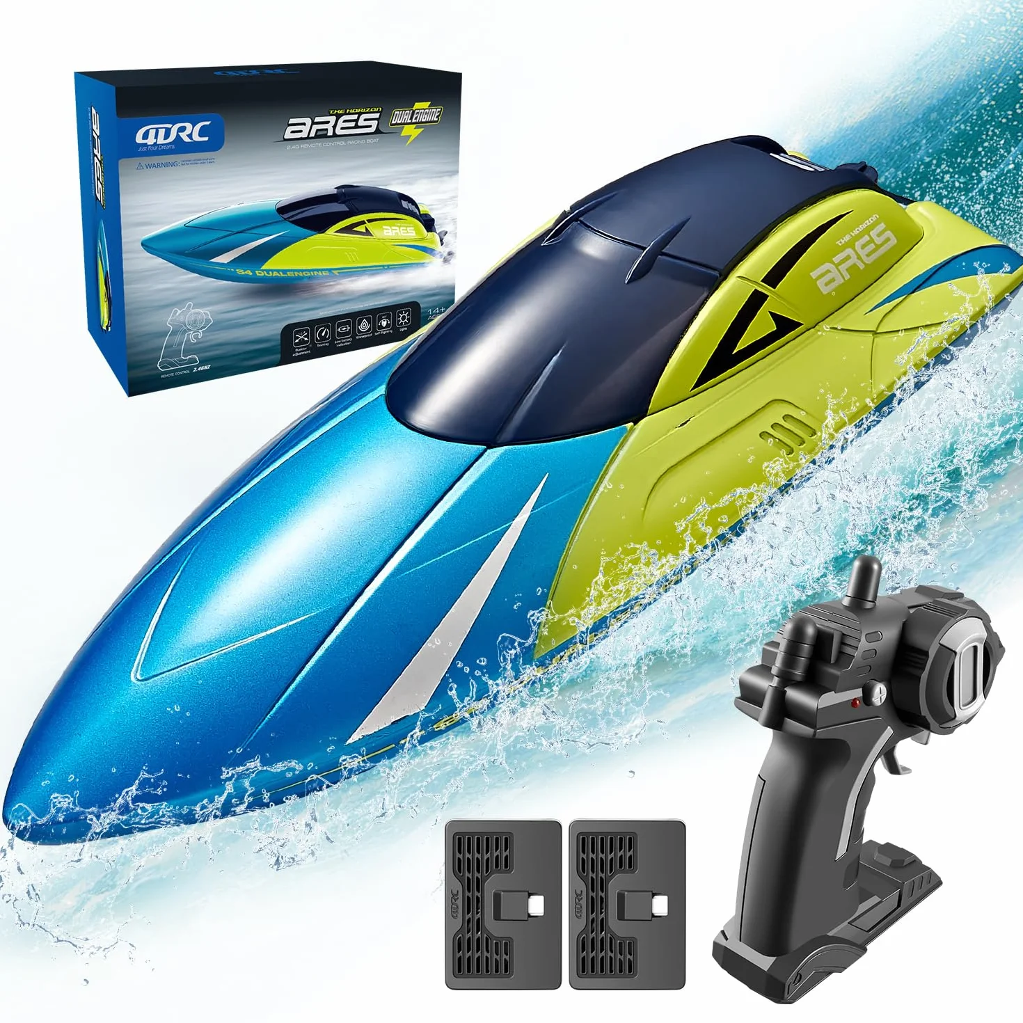 4DRC Bateau Télécommandé avec lumière LED pour Enfants, 20+ MPH, Bateaux de Course RC Haute Vitesse 2,4 GHz pour Lacs, récupération de chavirage，Jouets de Piscine pour Enfants et Adultes