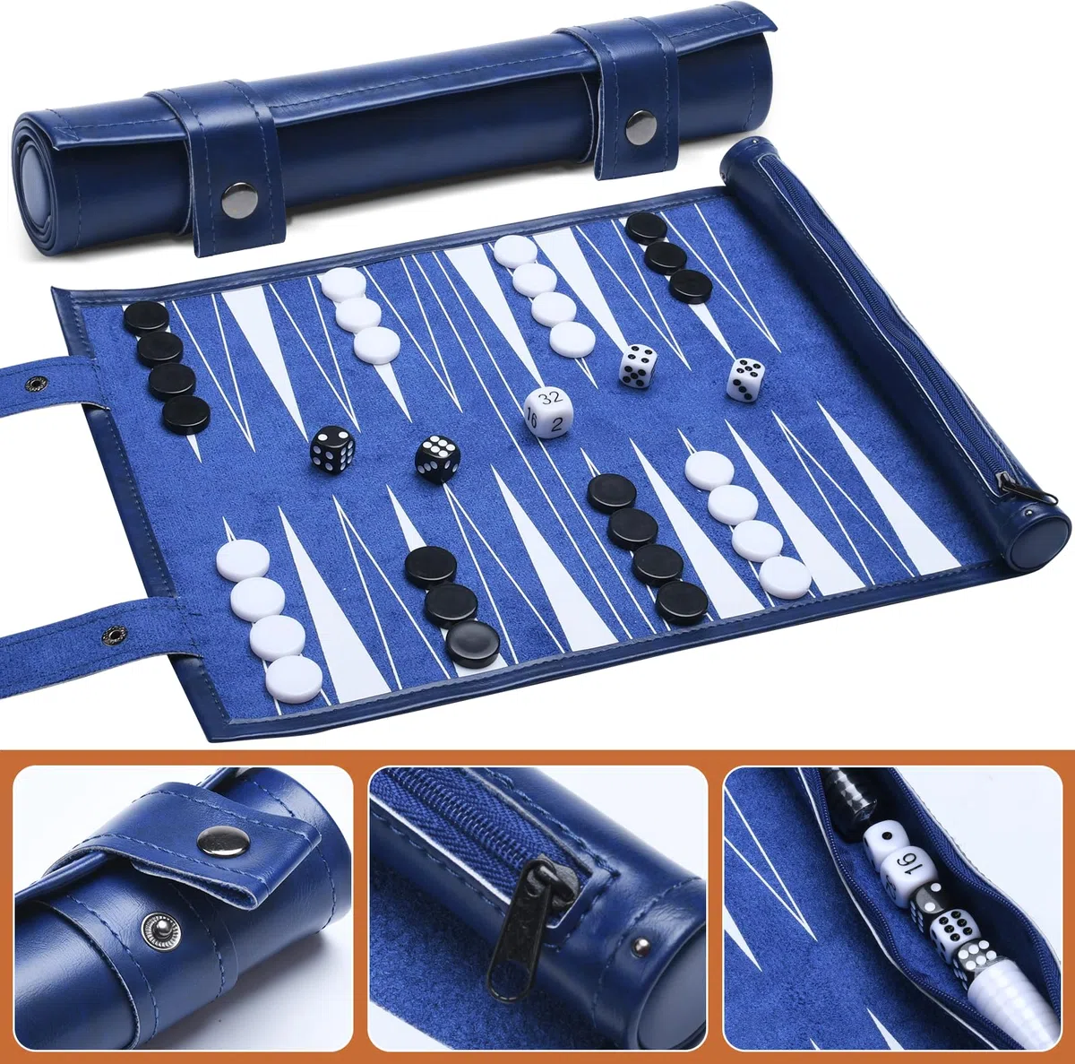 Backgammon de voyage - Jeu de backgammon en bois massif - Jeu de société classique pour les familles, les voyages et les amateurs de stratégie - Portable et durable - Bleu roi