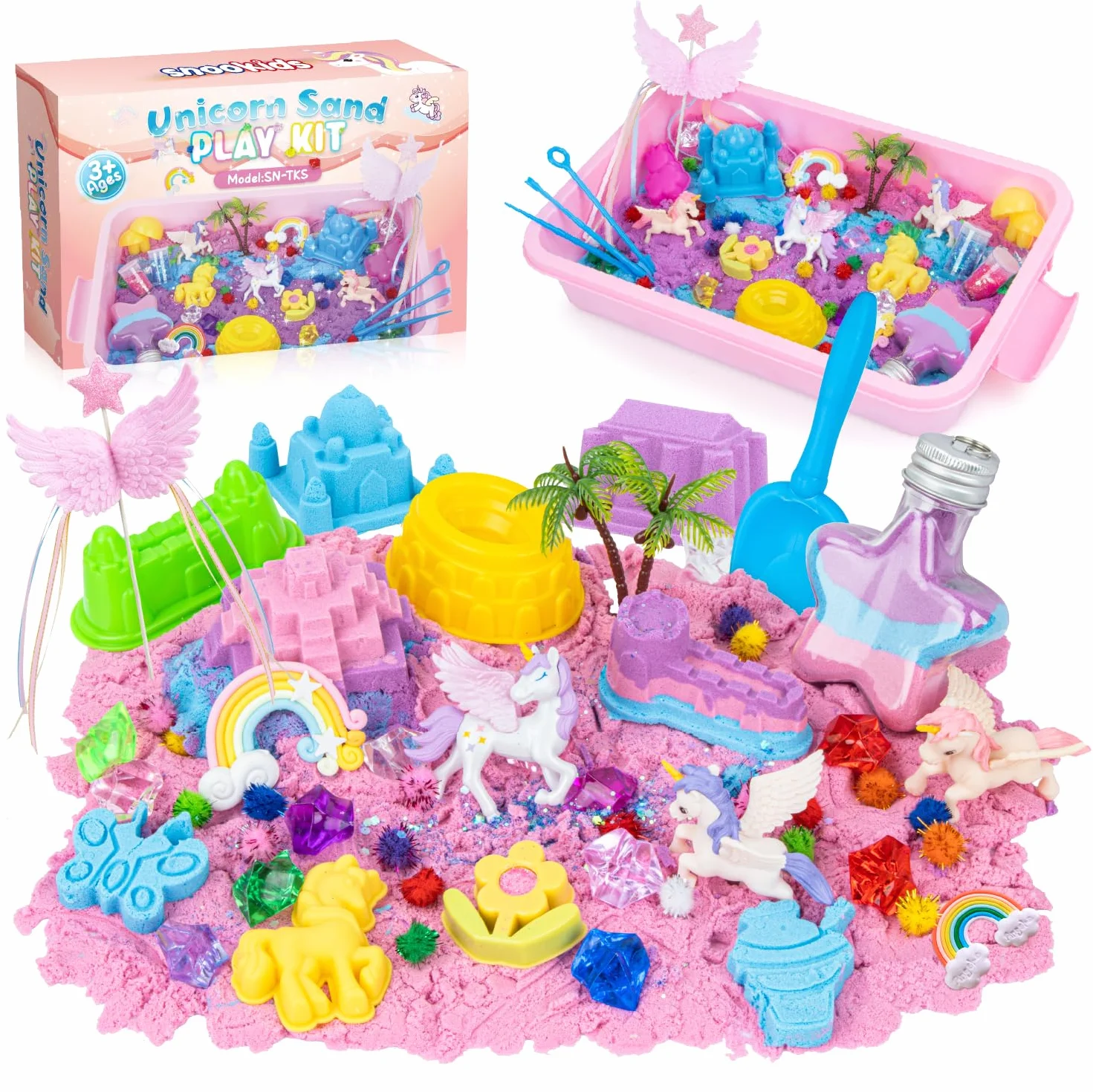 snookids Sable Magique, Sable pour Bac a Sable Coffret de Licorne, Comprenant 24 Moules à Sable, 3 Licornes, Coquillage Avec Couvercle et Un Jouet Sensoriel pour Les Enfants 3 4 5 6 7 8 9+ Ans