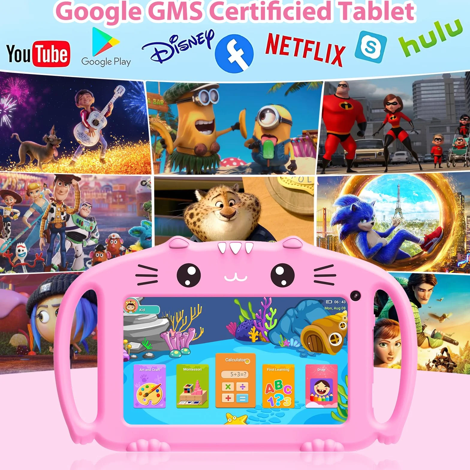 Tablette pour Enfant 7 Pouces Android avec WiFi 2Go RAM 32Go ROM, Contrôle Parental, Double Caméra, Kid-Proof Étui (Rose)