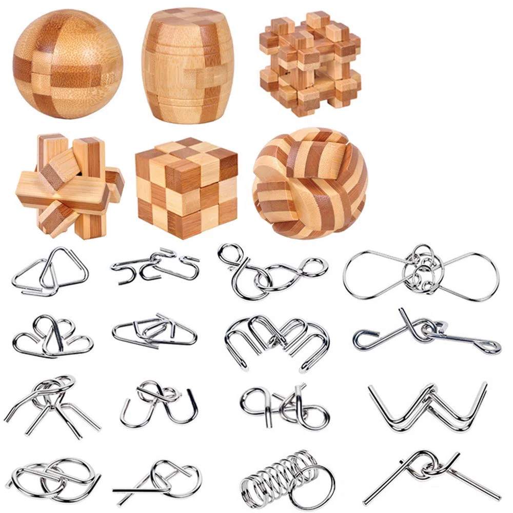 Casse-tête métallique Wire Set de 22, IQ Test Casse-tête Métal IQ Jigsaw Puzzle Jouet Éducatif pour Adultes et Enfants (Wooden&Metal Puzzles 22pcs)