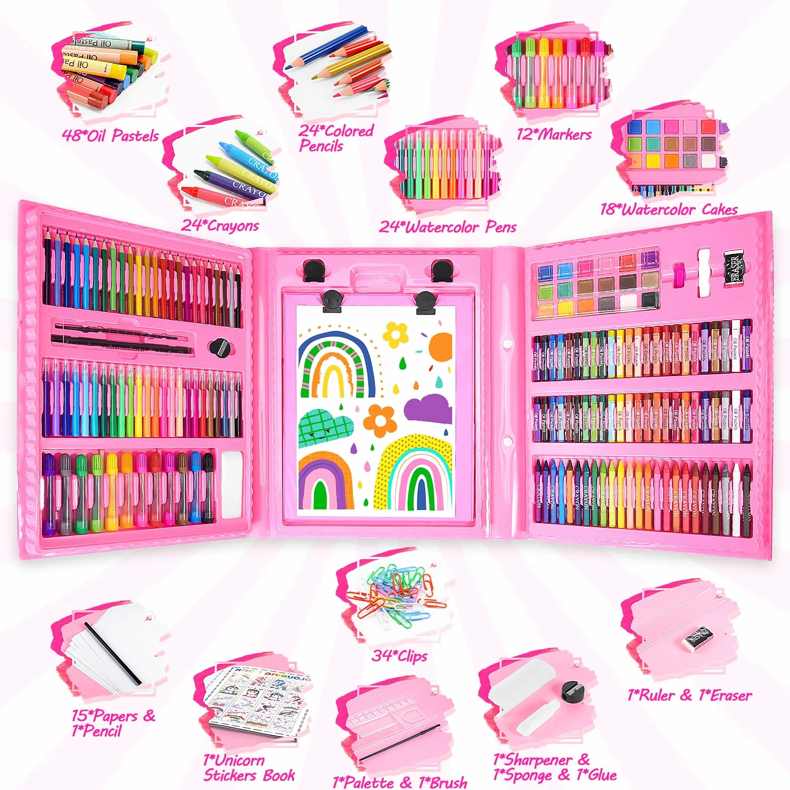HappyGoLucky 208 pièces Malette Dessin Enfant, Cadeau Fille 3-12 ans, Art Set, Crayons de Couleur Palette Aquarelle