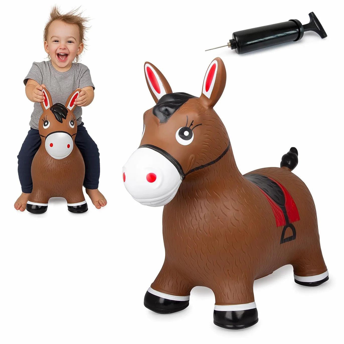 Jamara 460597 – Animal Sauteur Ceval Brun avec Pompe – Poids Jusqu’à 50 kg, Oreilles Servent de Support, Résistant, Entretien Facile, Favorise Le Sens de l’Equilibre