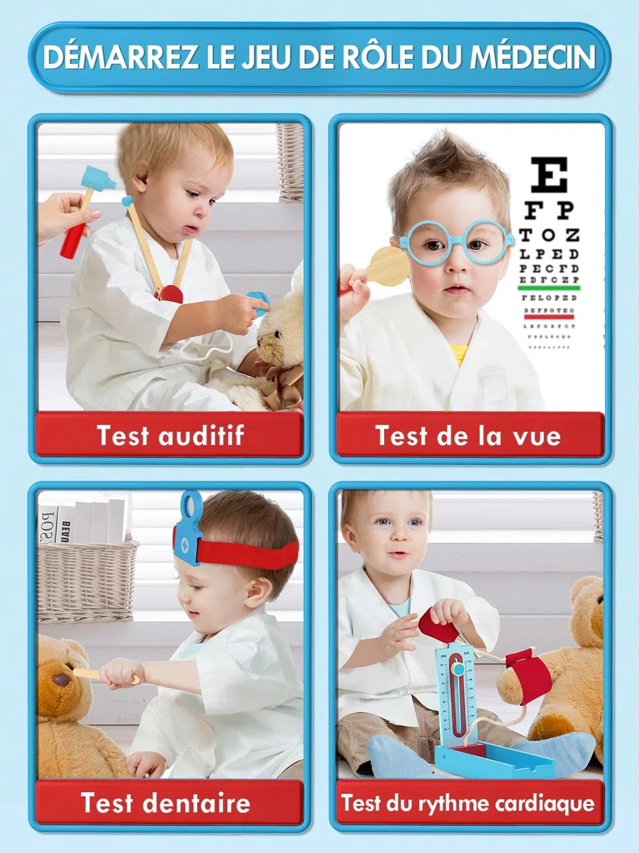 Lehoo Castle Malette Docteur Enfant, Jeux Enfant 3 Ans, Malette Docteur Bois, Déguisement Docteur Enfant, Docteur, Jouet Enfant 3 Ans, Kit de Médecin pour Tout-petits Garçons(Bleu)