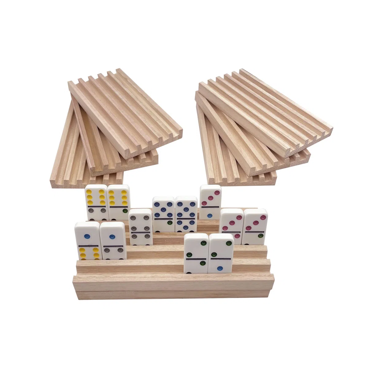 SUTIMSHE Lot de 8 plateaux de domino en bois naturel pour trains mexicains, supports de tuiles de domino, support double pour 12 carreaux, poulet et autres jeux de dominos, dominos non inclus