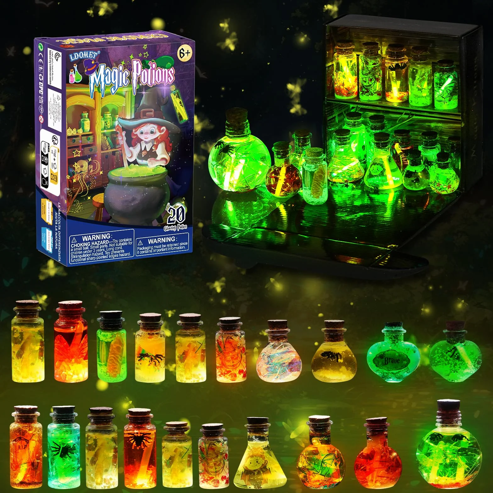 LDomet Kit de fabrication de potions magiques pour enfants - mélange de 20 bouteilles de potions de sorcière lumineuses - décorations de Noël, cadeaux d'anniversaire pour les garçons de 6 7 8 9 10+