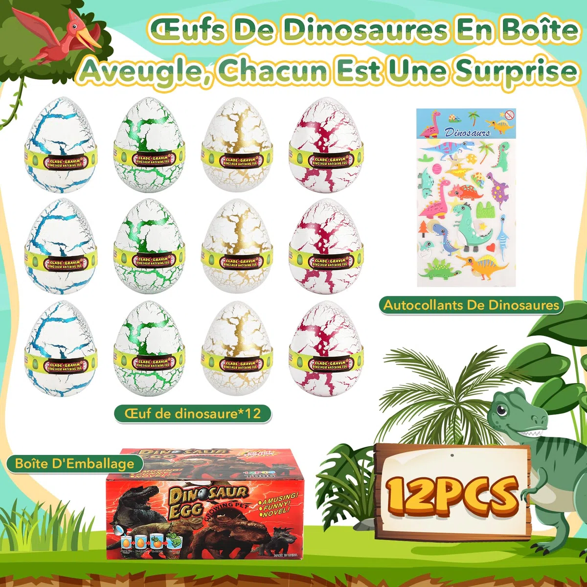 JONRRYIN Œufs Arc-en-Ciel à Éclore avec Dinosaures pour Enfants, Lot de 6 Œufs Surprise Dinosaur à Éclosion Magiques Jouets de Croissance, Idées Cadeaux pour Pâques ou Anniversaire Enfants 3+ Ans