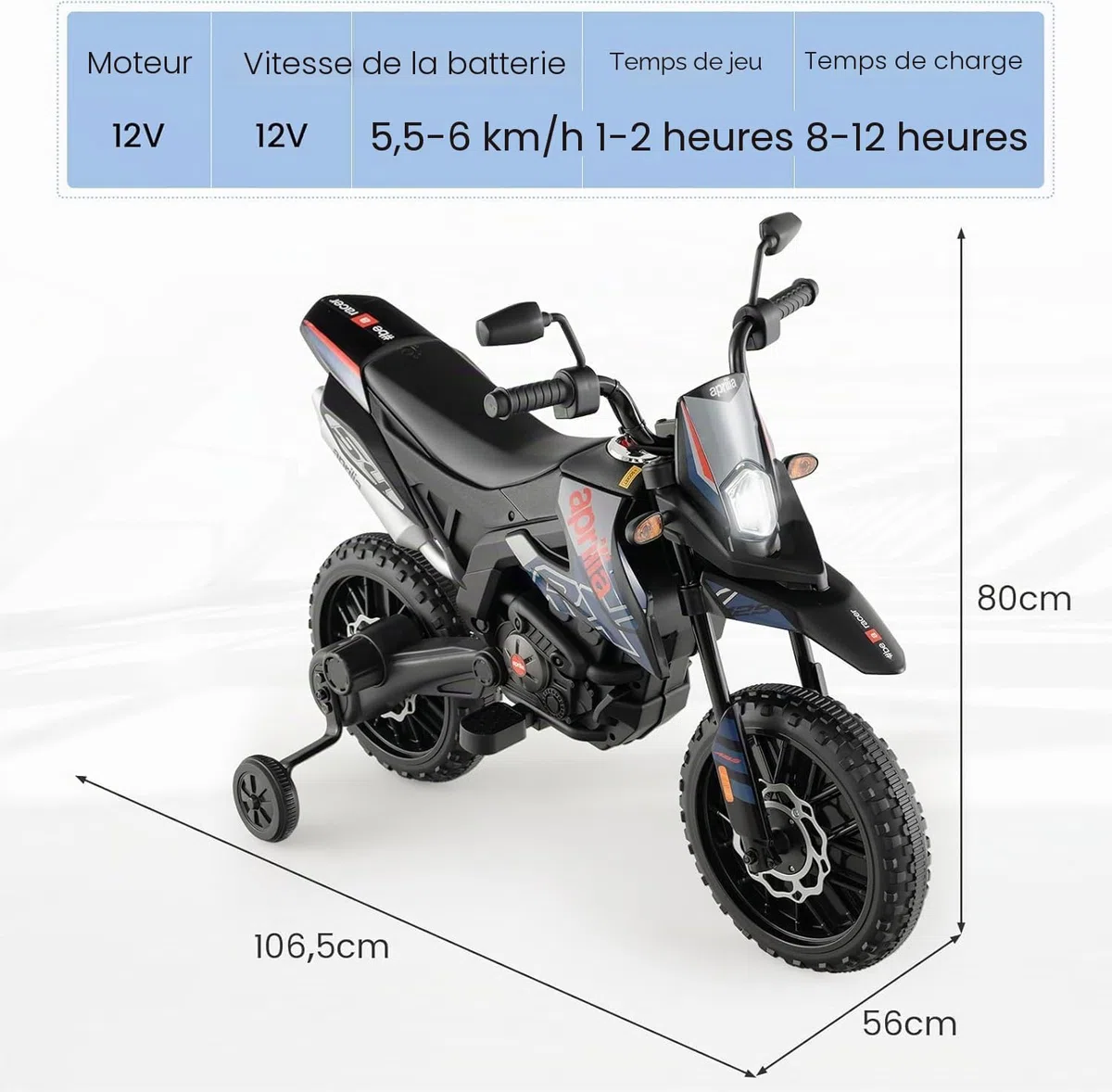 FANTASK Aprilia Moto électrique pour Enfant de 3 à 8 Ans 12 V 5,5 à 6 km/h avec Roues stabilisatrices, Musique et phares, Moto Bleue et Noire