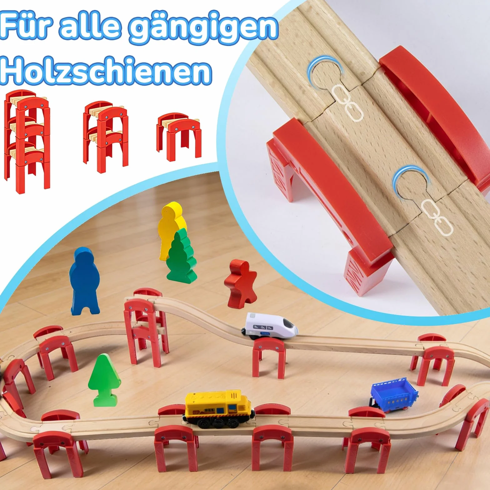 Coffret d‘Extension de Rails en Bois 14 pièces pour Circuit de Train, Empilables pour Constructions, Enfant 3+ Ans