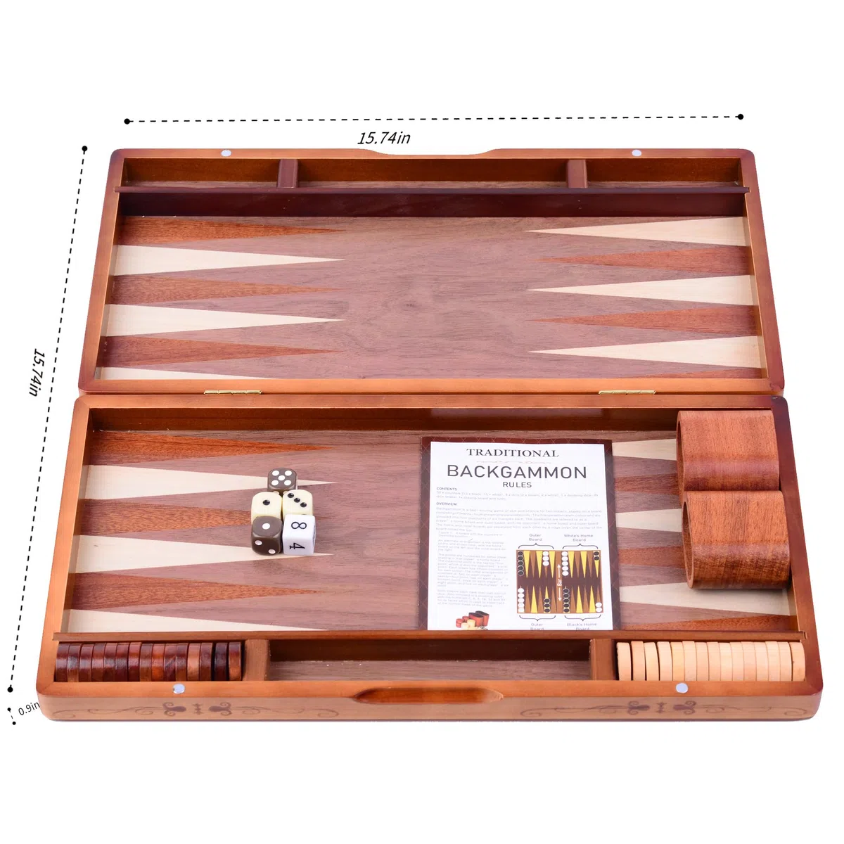 Syrace Jeu de Backgammon Classique en Bois incrusté de 40 cm - Grande Taille - Backgammon avec Dames - pour Adultes et Enfants