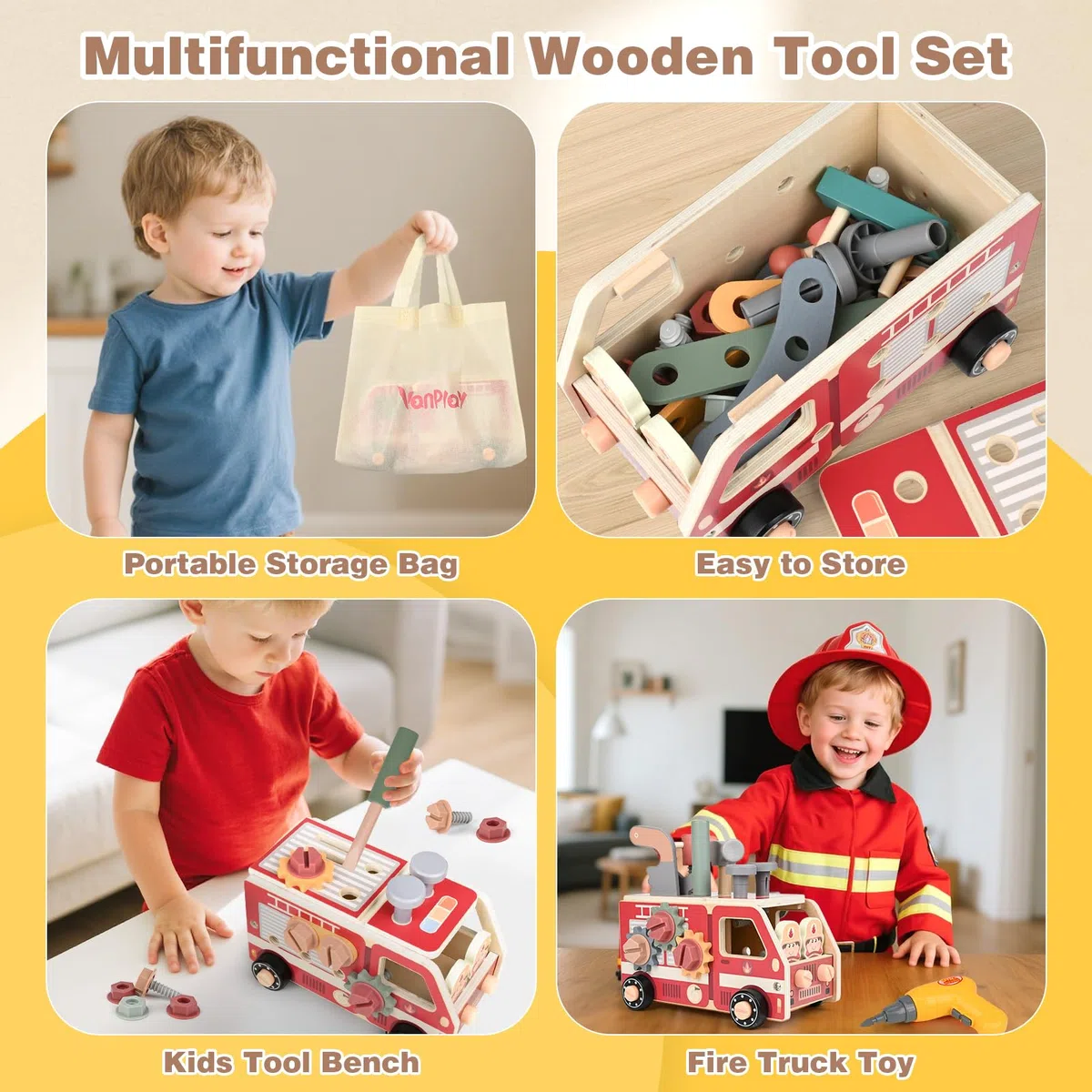Vanplay Jouet Enfant 3 Ans, Outils Enfant Camion Pompier avec Perceuse Électrique Malette Outils Montessori Jouets en Bois 47 Pièces, Cadeau Garcon Fille 3 4 5 Ans