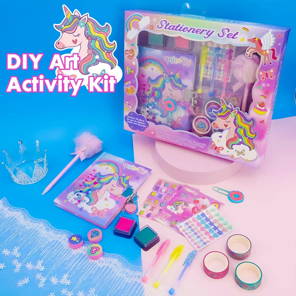 Journal intime licorne pour filles avec serrure et clés, ensemble de papeterie licorne avec agenda, timbres, autocollants, stylos, journal licorne cadeau d'anniversaire pour filles de 4 à 12 ans