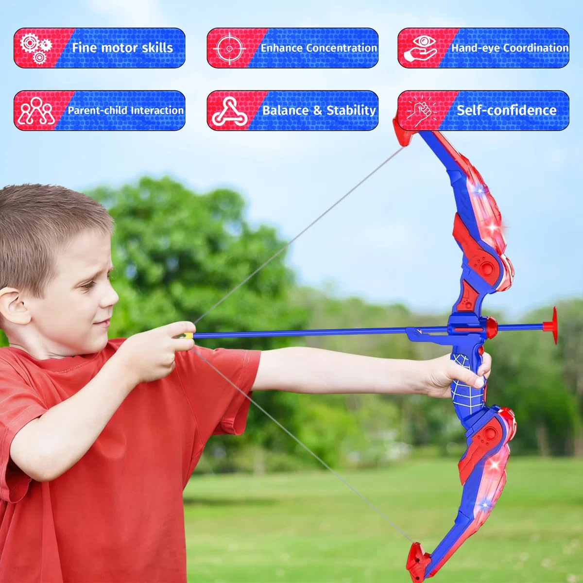 SHAREMI Arc et Fleches Enfants Jouets 4 5 6 7 8 9 Ans Garçon Filles, Jeu de Tir à l'arc avec Lumières LED, Cible Suspendue et Flèches à Ventouse, Jeux Intérieur Extérieur Cadeaux Anniversaire Noël