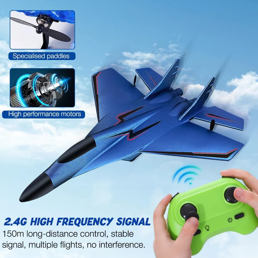 Avion Télécommandé 2,4 GHz de Chasse, 2 CH Radiocommandé, RC Jouet, Planeur Volant pour Enfants, Débutants (Bleu)