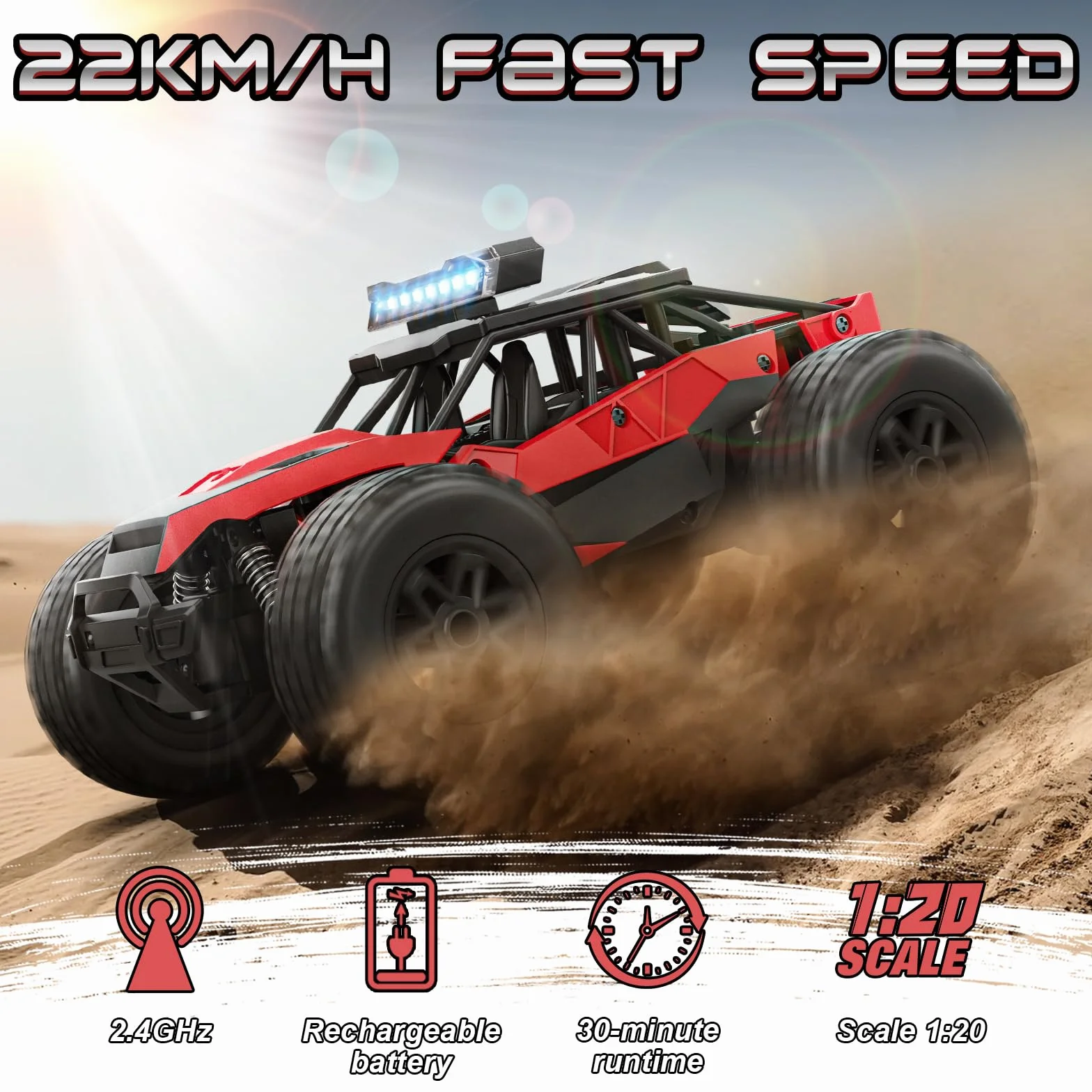 Voiture Télécommandée Tout Terrain, Monster Truck RC Offroad Car Radiocommandée Rapide 22 km/h 2.4GHz, Jouet Enfant Garçons 6 7 8 9 10 11 12 Ans Cadeau Noel Anniversaire Véhicules Téléguidée Jeux