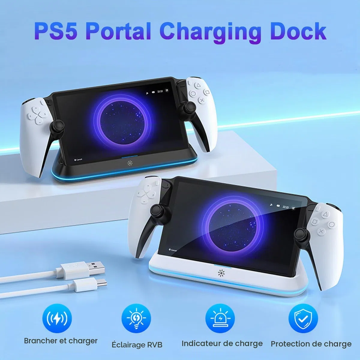 Station de Chargement pour PlayStation Portal, Support de Charge Portable avec Lumières RVB, Support de Chargement pour PS5 Portal Accessoires（Noir）