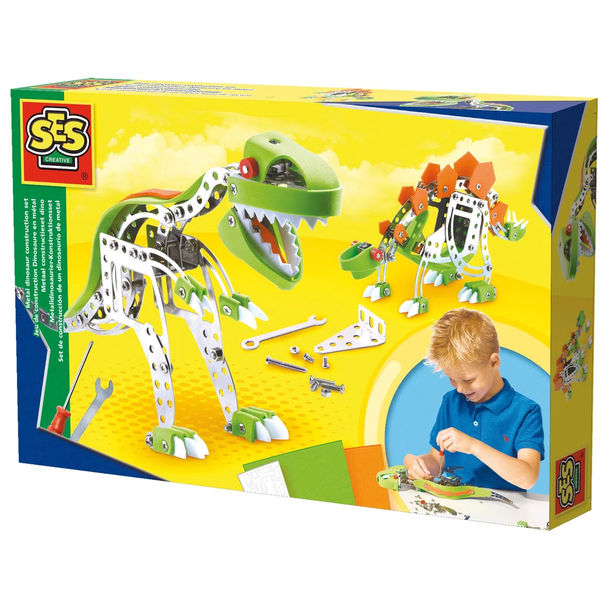SES Creative 14958 - Dinosaure métallique à construire, construit ton propre dinosaure, comprend un tournecis et une clé à molette, pour les enfants
