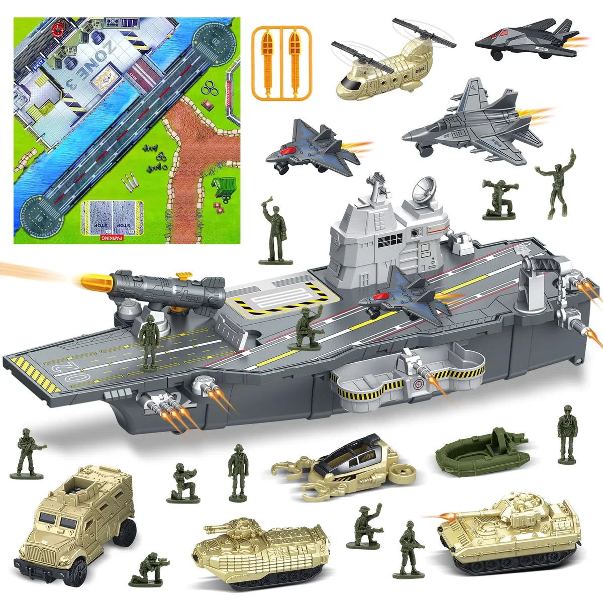 deAO Porte-Avions De Jouet, Navire Militaire avec 10 Soldats, Hélicoptères, Chars, Maquette De Bateau Cuirassé, Kit de Jouets Militaires Cadeau pour Enfants 3-12 Ans