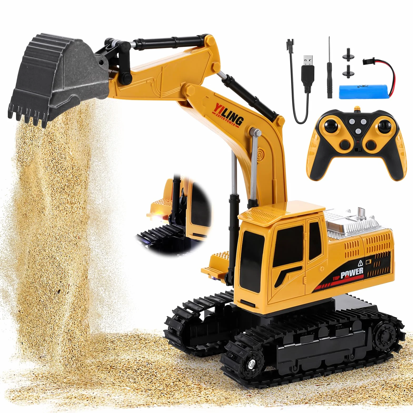 Pelleteuse Télécommandée Tracteur de Construction Télécommandé Enfant, 9 Canaux 1:20 Télécommande Tracteur Digger avec Lumière et Son, Excavatrice Jouet Cadeaux de Noël pour enfants 3 4 5 6 7 8 9-12