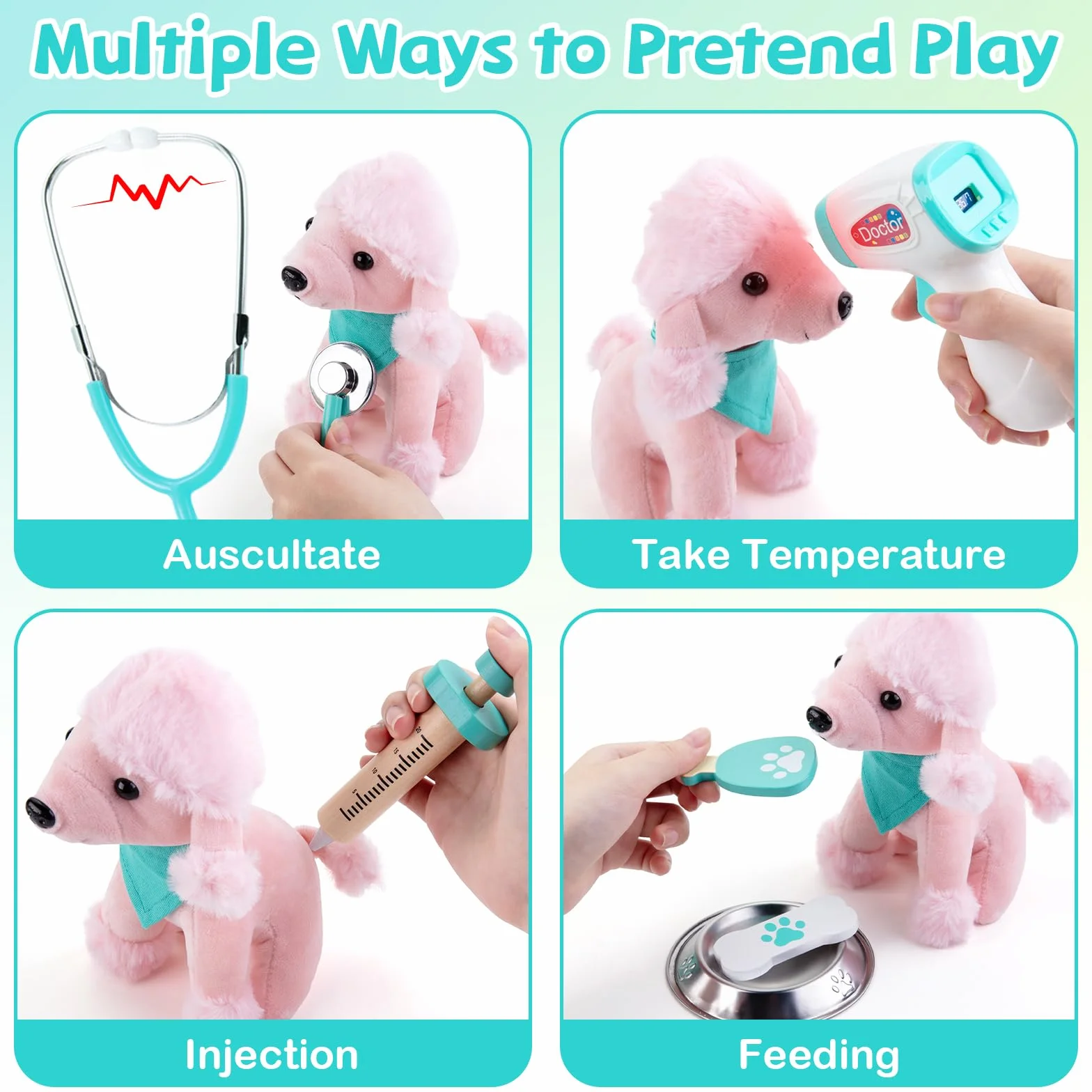 Sundaymot Malette Docteur Enfant, Veterinaire Enfant avec Peluche Chien, stéthoscope factice, thermomètre, Blouse de médecin et Sac de médecin Portable, Adapté Jouet Éducatif 3 Ans et Plus