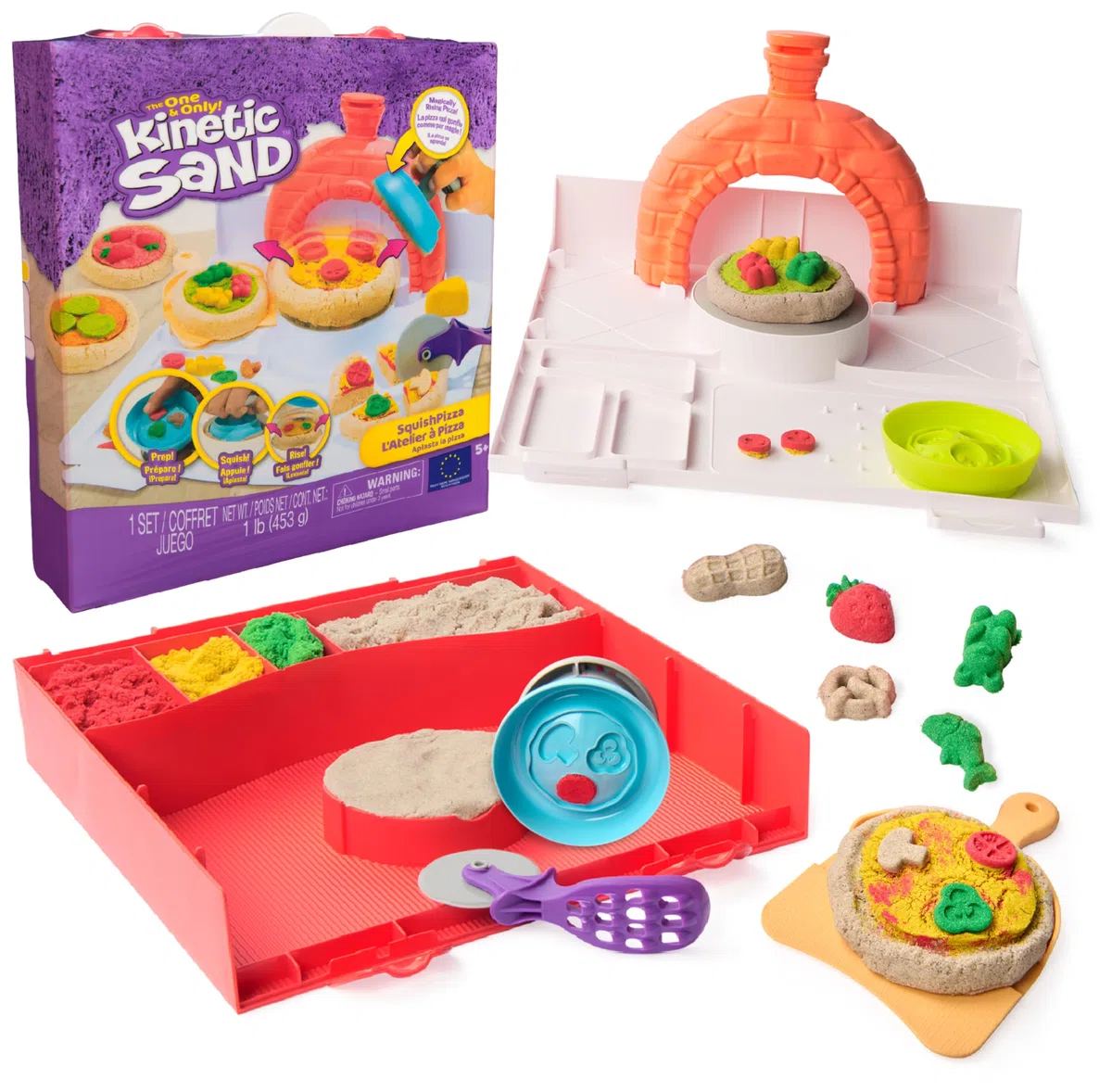 Kinetic Sand Sable Magique - Atelier À Pizza Magique 453 G + 2 Accessoires - Sculptez à l'Infini ce Sable Coloré comme de la Pâte à Modeler - Jouet Sensoriel - Jouet Enfant 5 Ans Et +
