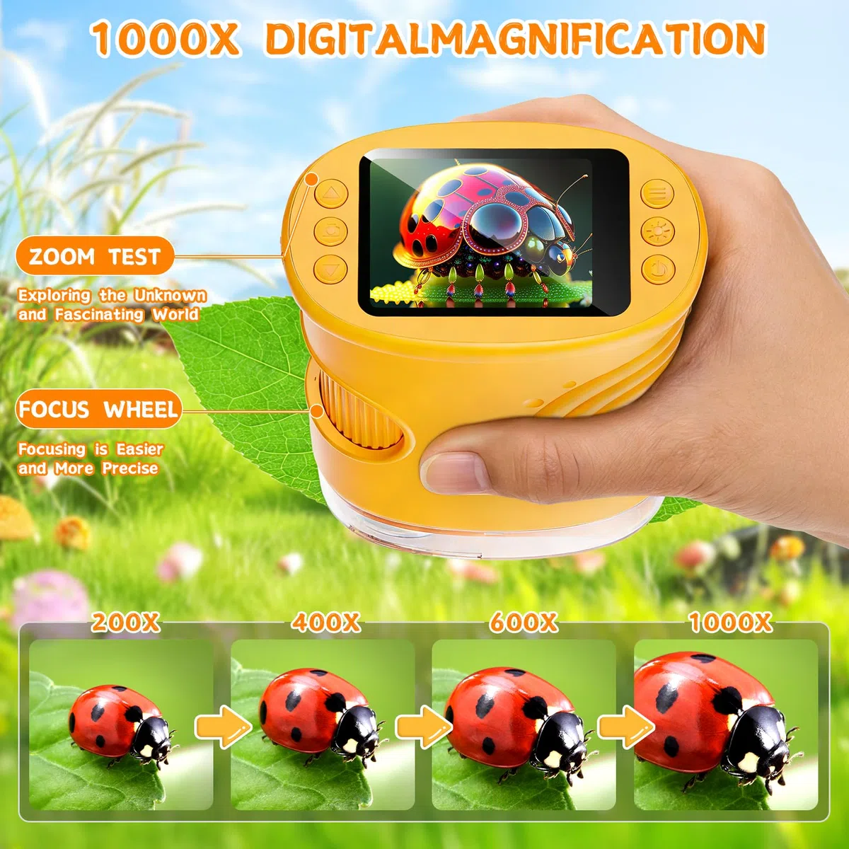 Numérique pour Enfants 1000X, 2.0 Pouces Microscope Enfant, 8 LED, USB Rechargeable, Jouet Scientifique et Éducatif, Sciences de Plein air pour Les 3 Ans et Plus, garçons et Filles