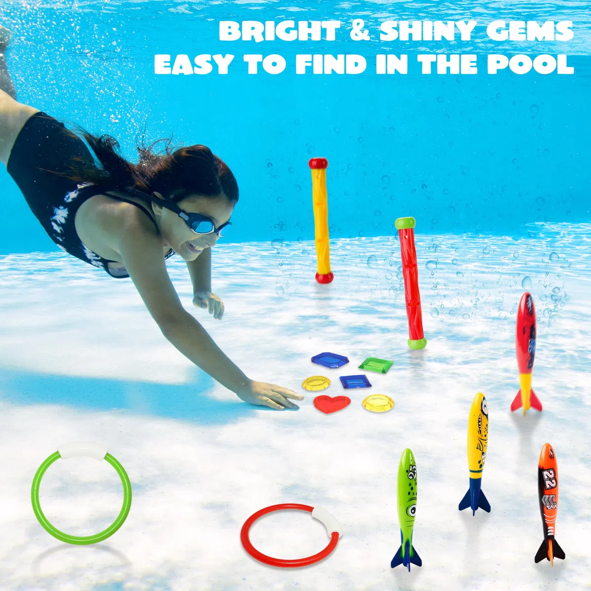 JOYIN 18 Pcs Jouets de Plongée Jouets de Natation Piscine Jeux de Piscine Jouet Anneaux Plongée sous-Marine Bâtons de Plongée et Bandits de Toypedo avec Bundle Cadeau Trésors de l'eau