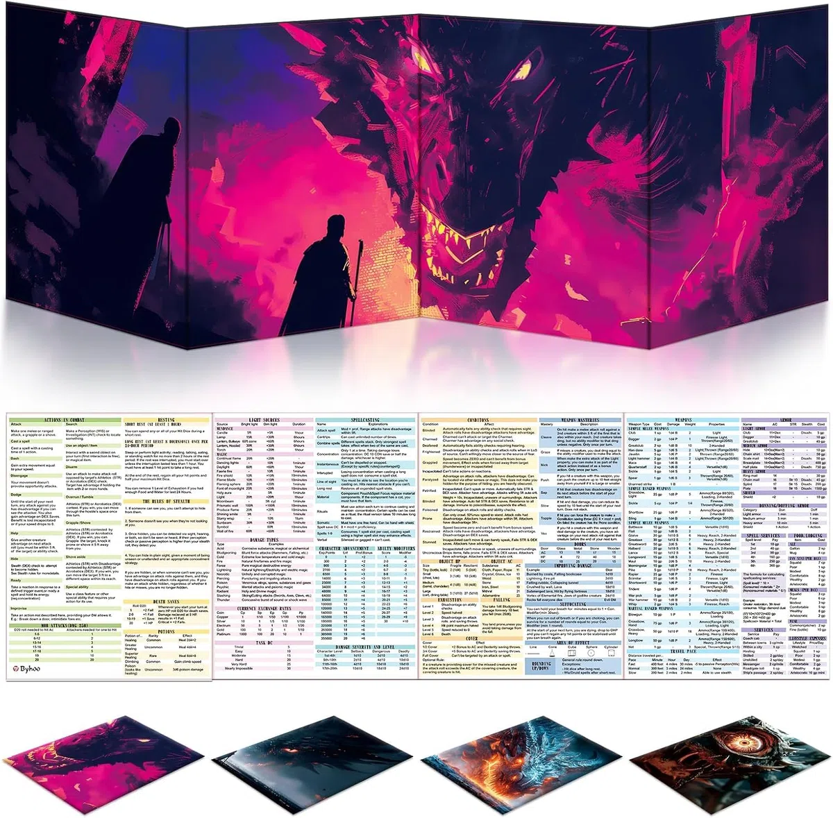 Byhoo DM Lot de 4 paravents pour mondes à thème D&D 5E 4, surface imperméable, pliable en trois parties (A4), compatible avec le manuel de Player's