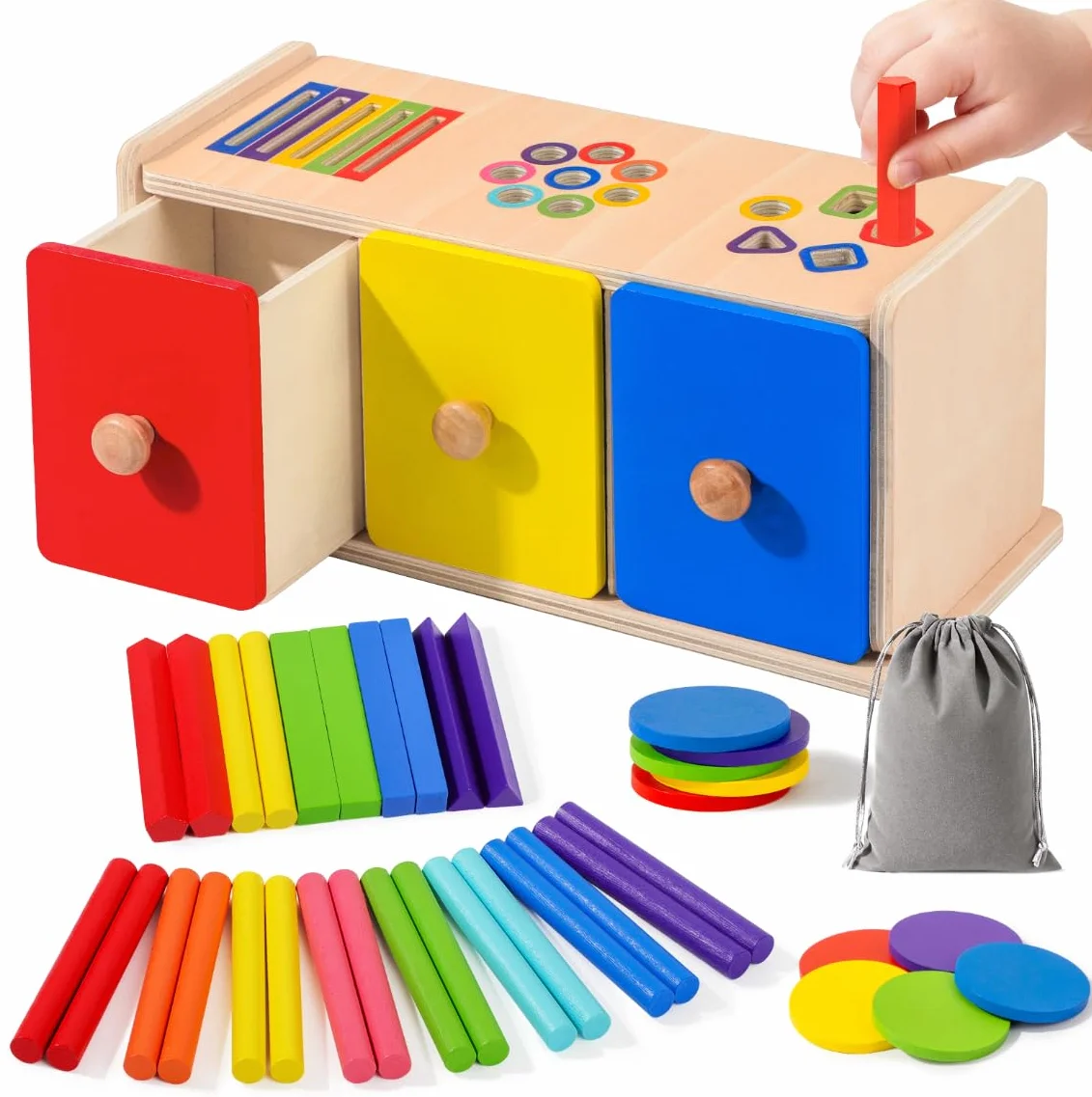 Jeux Montessori 1 2 3 Ans, 3 en 1 Jouet Enfant Bébé 1 2 3 Ans Jeu Educatif en Bois Tiroir Apprendre Les Couleurs Forme, Jouet Montessori Cadeau Fille Garçon 12 3 Ans Anniversaire Pâques Noël